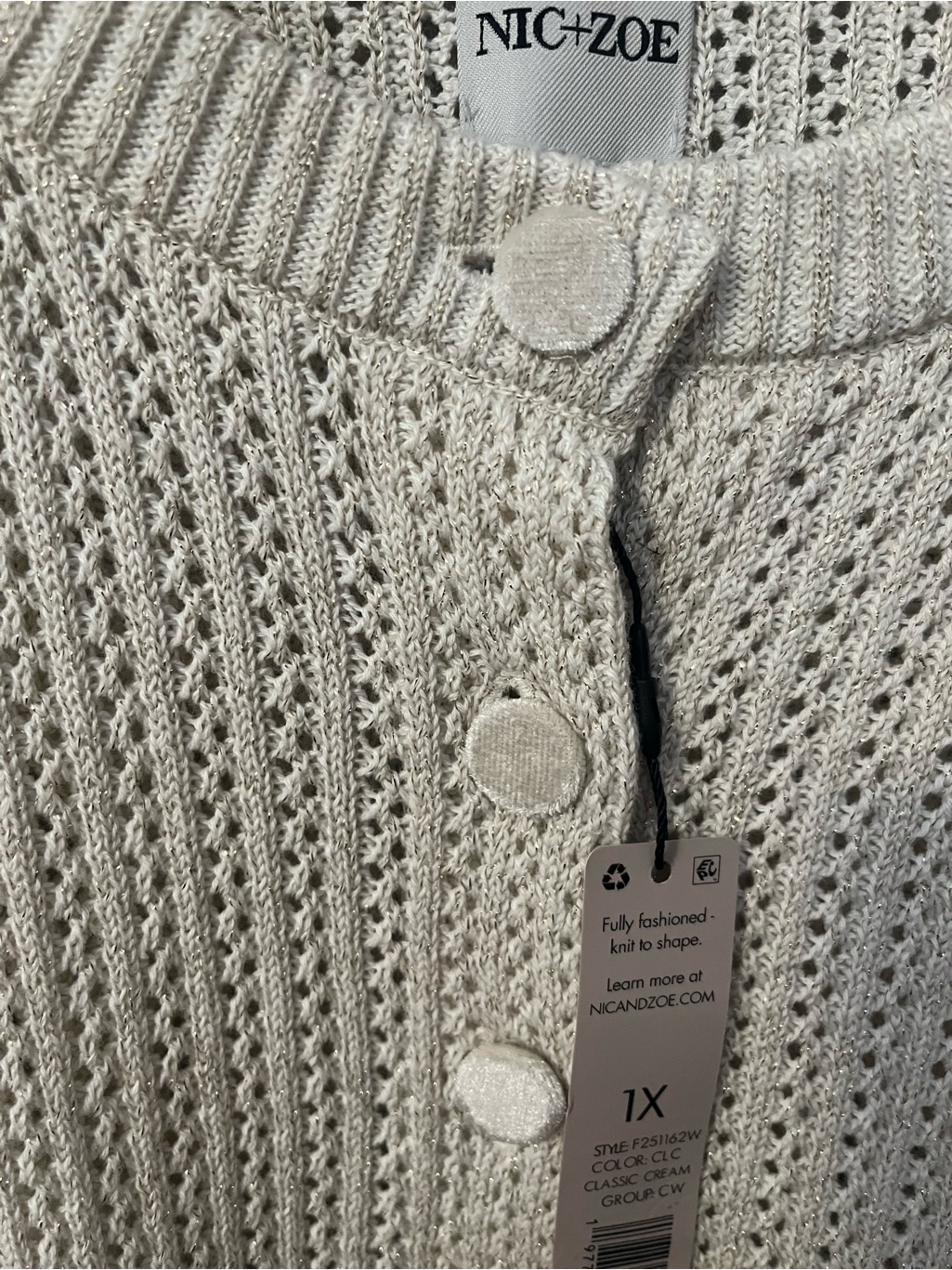 Nic+Zoe Open-Knit Button Cardigan Cream W/ Subtle Metallic Threads 1x Nwt — image 6 of 8